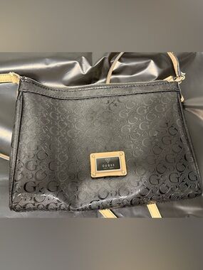 GUESS Black Logo Crossbody Tote with Gold Plaque